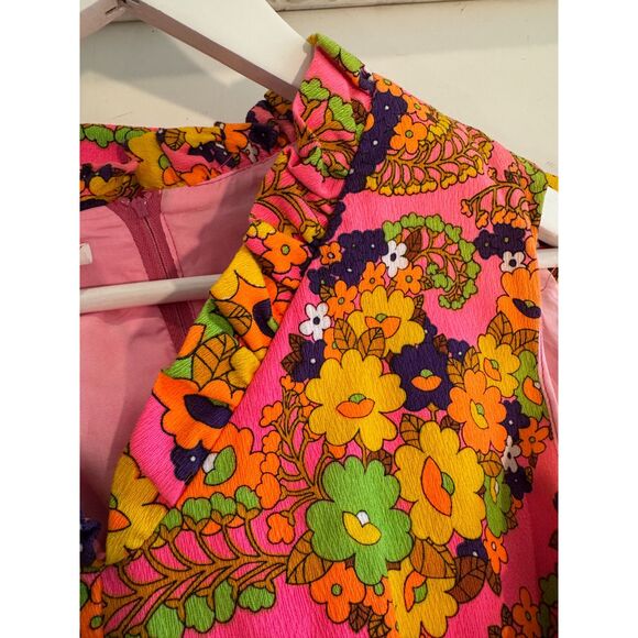 Vintage Pink Paisley Floral Print 1960’s Groovy Sleeveless Maxi Dress - Picture 5 of 7